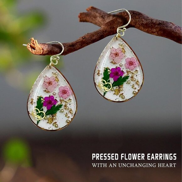 Women's Resin Dry Flowers Pressed Drop Dangle Purple Pink Earrings - Picture 3 of 5
